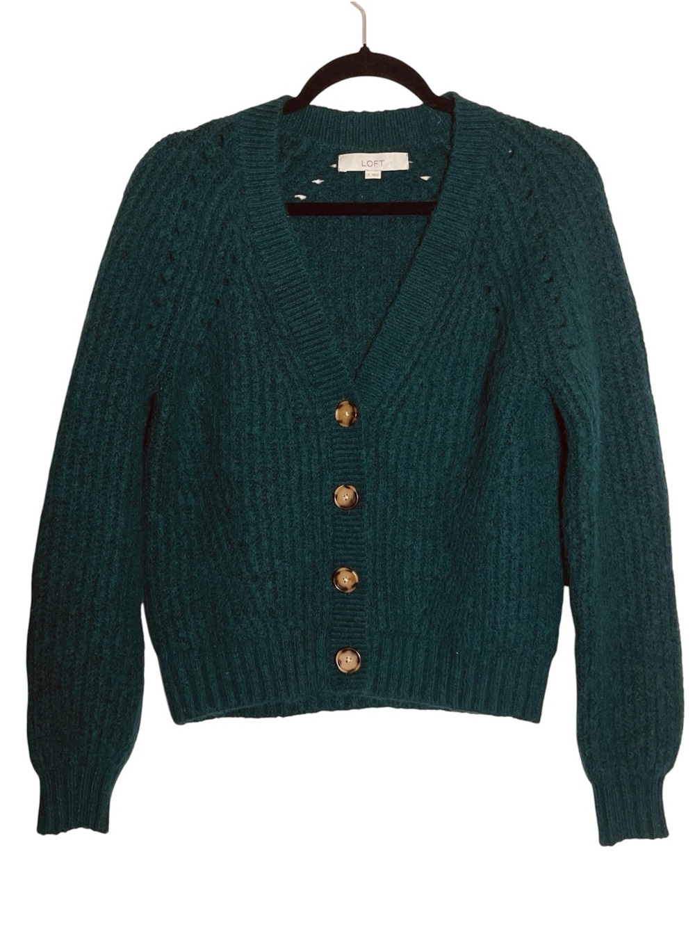 Textured Knit V-Neck Cardigan Wool Blend Deep Green LOFT Small Preppy * - Picture 2 of 9
